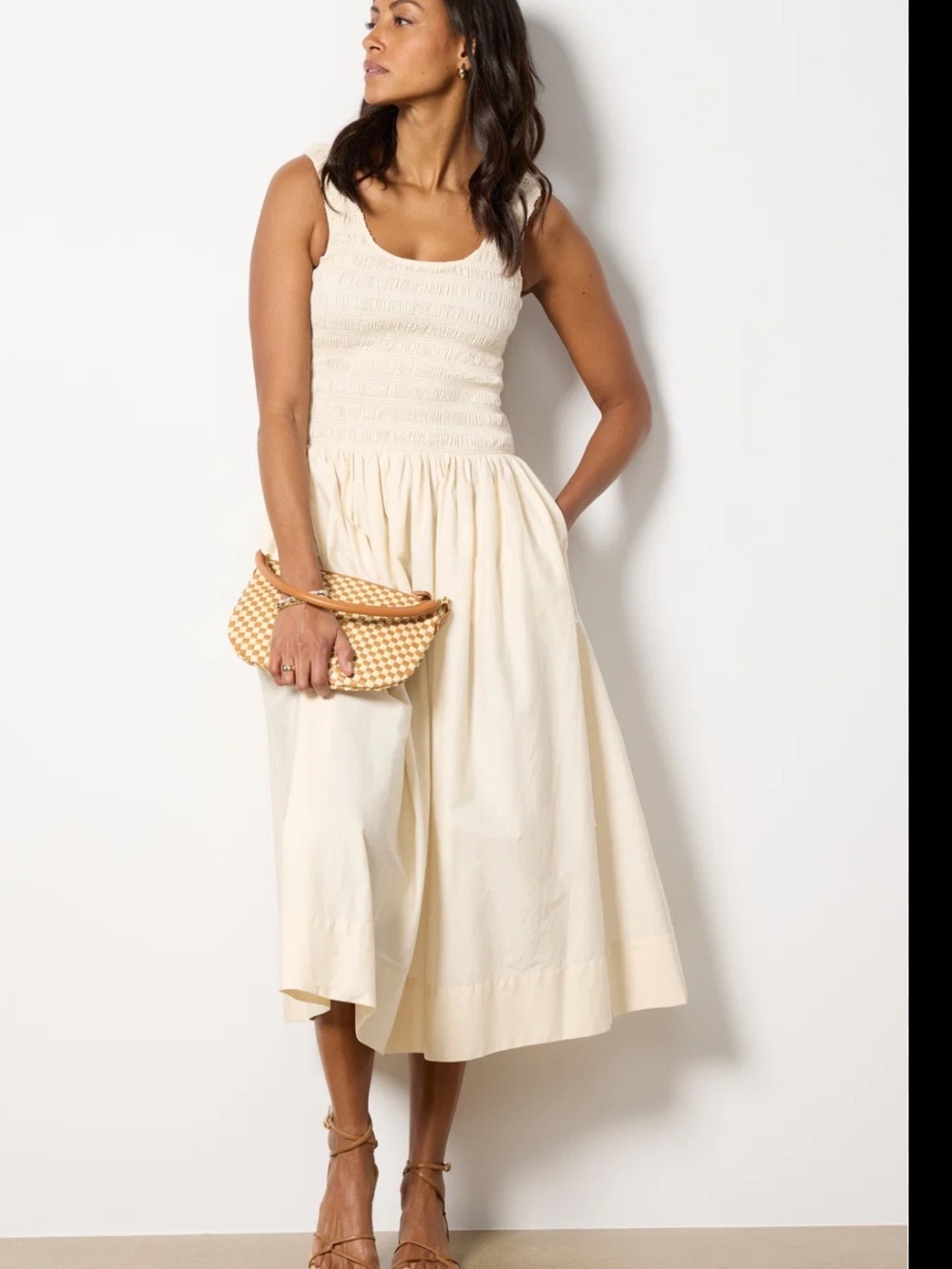 Ivory Smocked Cotton Midi Dress Pistola Alessia Drop Waist Full Skirt Pockets L